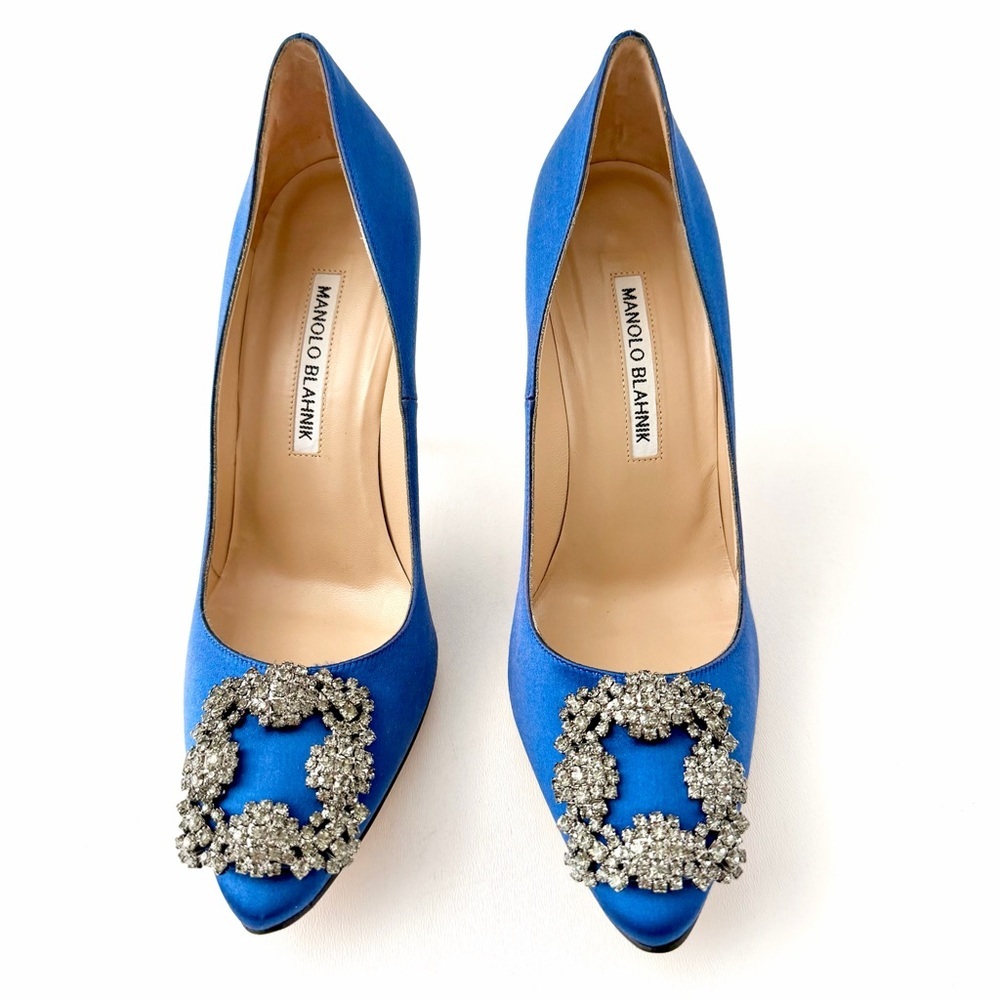 MANOLO BLAHNIK | Hangisi 105 Blue Satin Crystal Jewel Buckle Pumps EU 37 - Picture 6 of 14